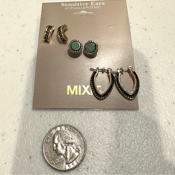 NWT 3 pair MIXIT Earrings- gold & silver tones w/ green accent; Dressbarn Flower - Picture 4 of 7